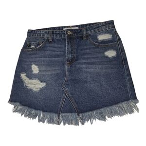 KanCan Blue Denim Jean Skirt‎ Distressed Raw Frayed Hem Line Womens Size M